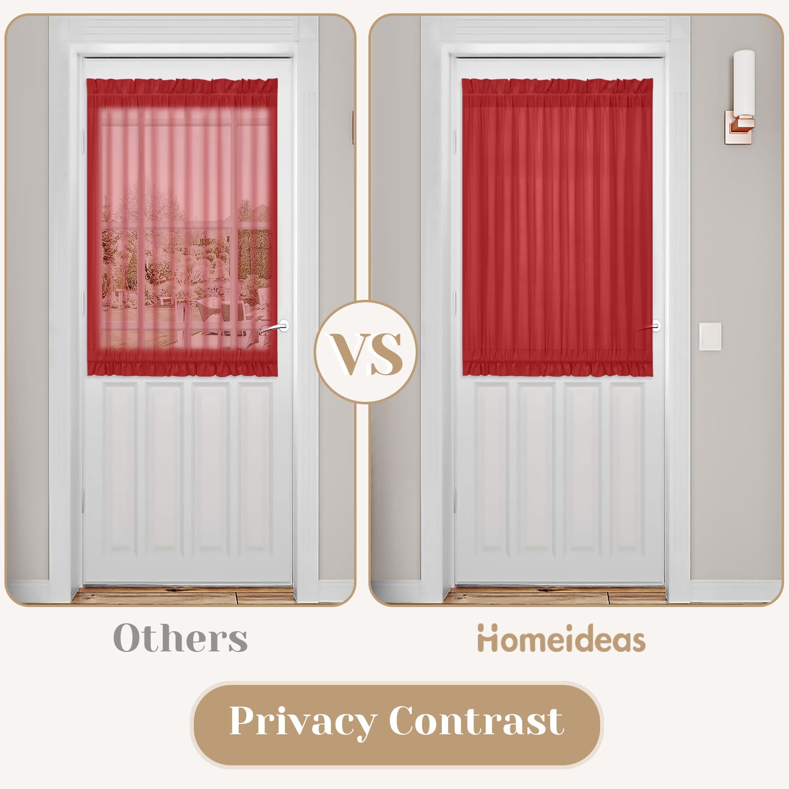 Homeideas Non-See-Through French Door Curtains Set Of 2 For Front Door, Privacy Semi Sheer Door Window Curtains, Rod Pocket Light Filtering Door Covering With Tieback, (Red, 54W X 40L)